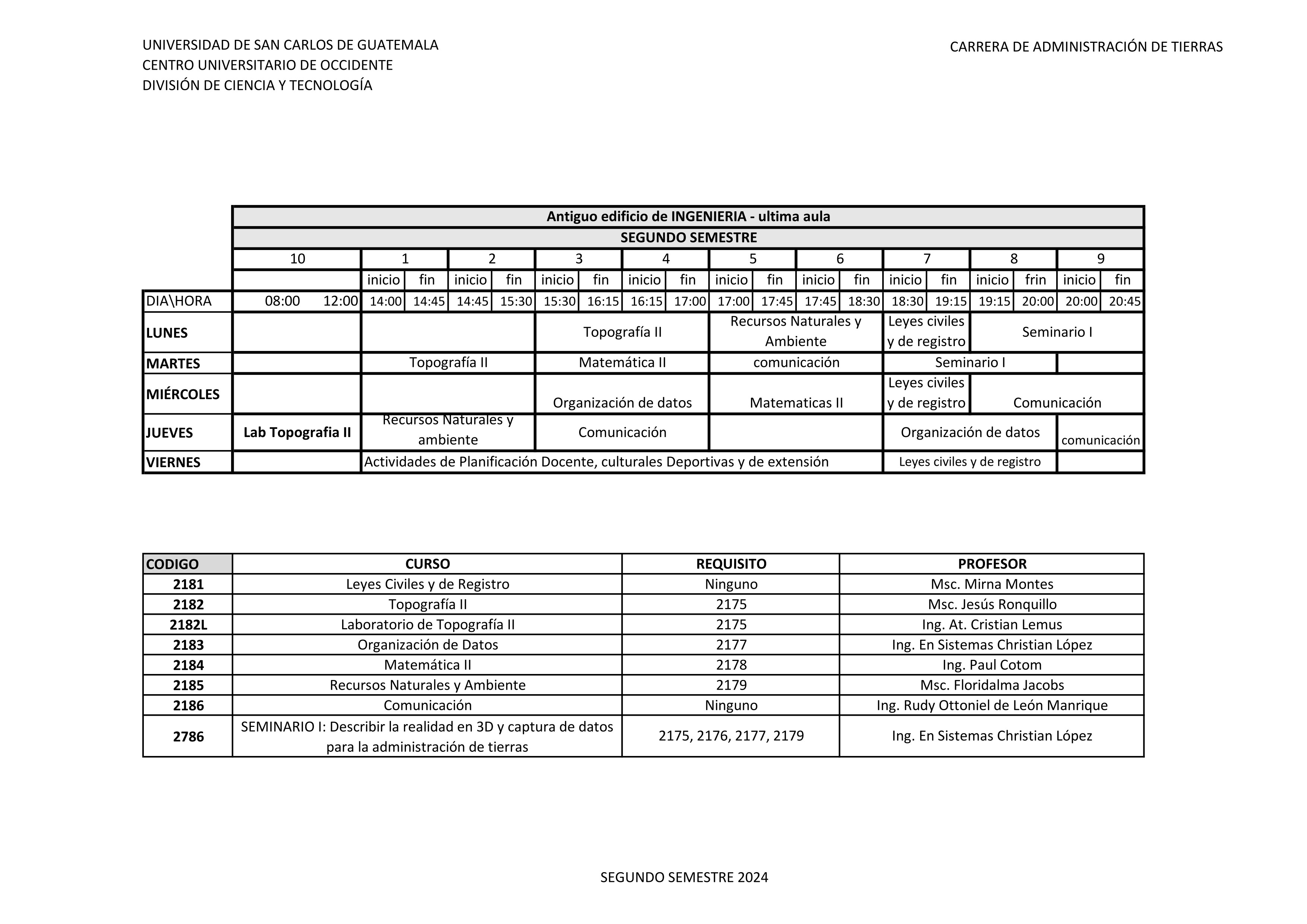 Horario Administración de Tierras 2do Semestre 2024