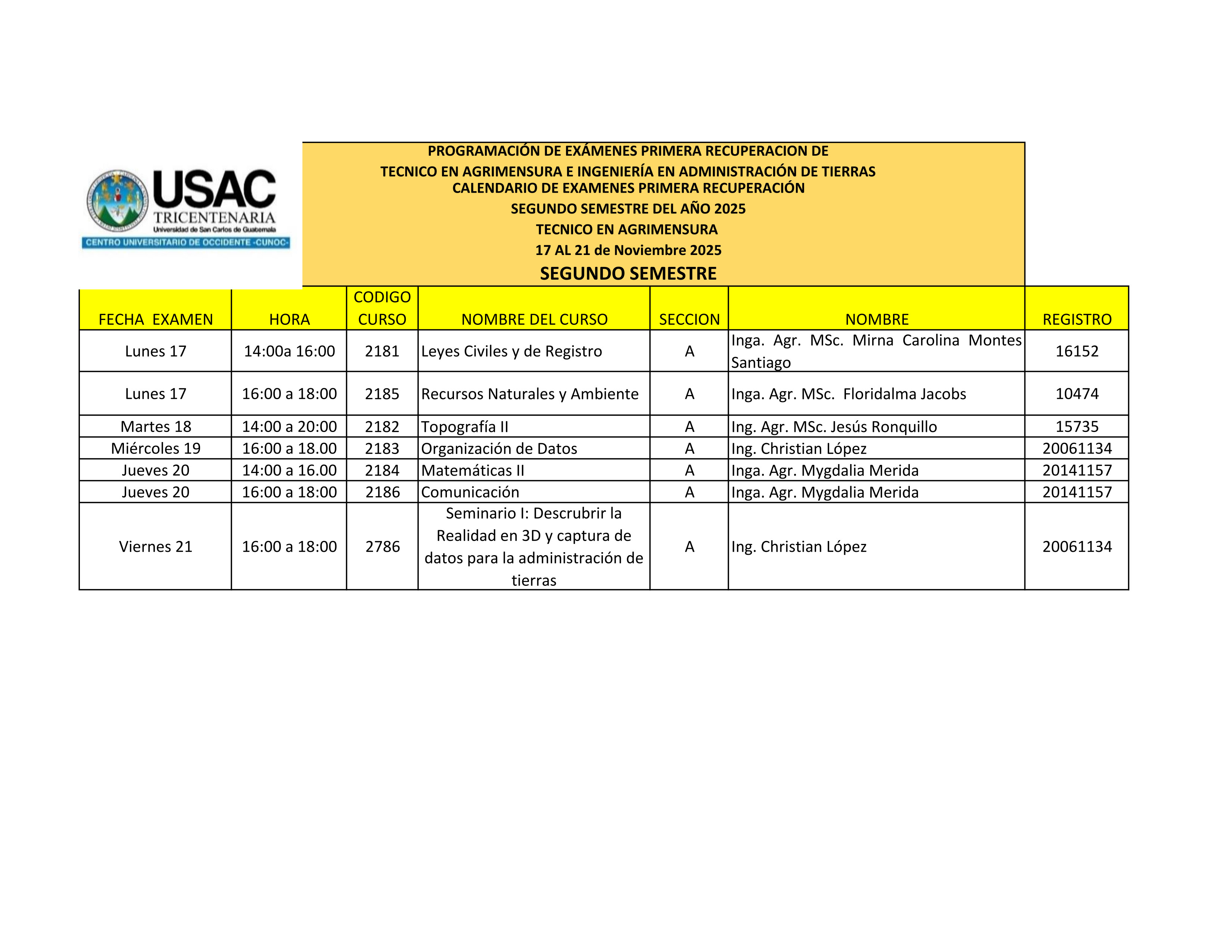 Horario de Exámenes de Primera Recuperación Segundo Semestre 2025