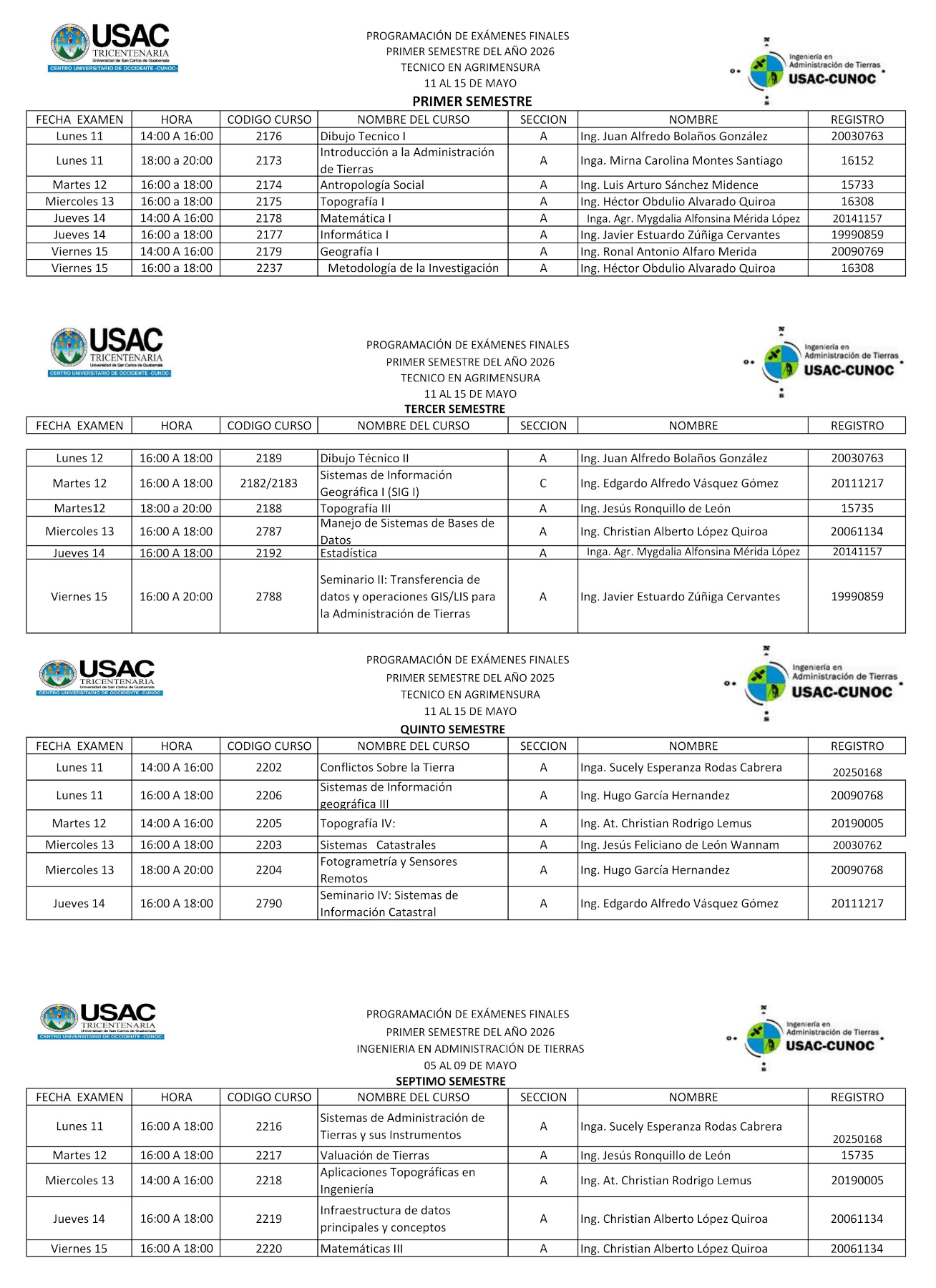 Exámenes Finales y 1ra. Recuperación Primer Semestre 2026 AT