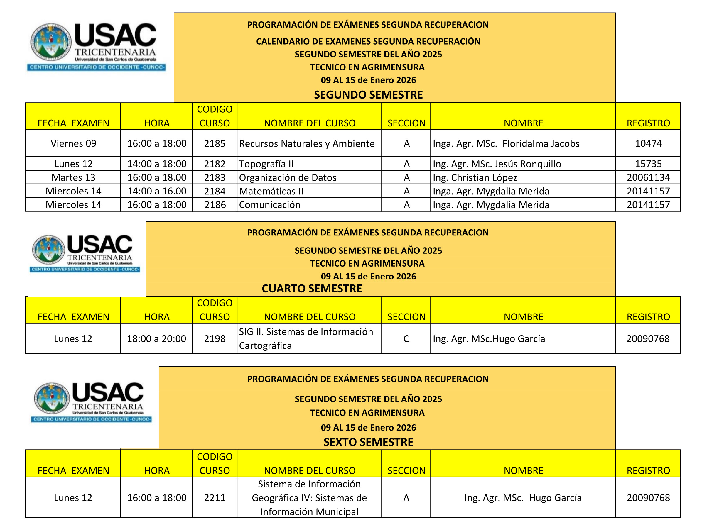 Horario de Exámenes de Segunda Recuperación Segundo Semestre 2025 AT